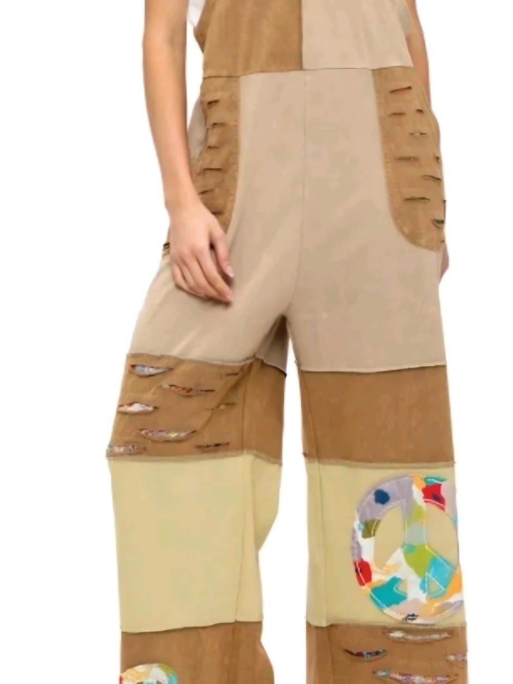 Patchwork Wide-Leg Jumpsuit in Beige and Brown with Peace Motif